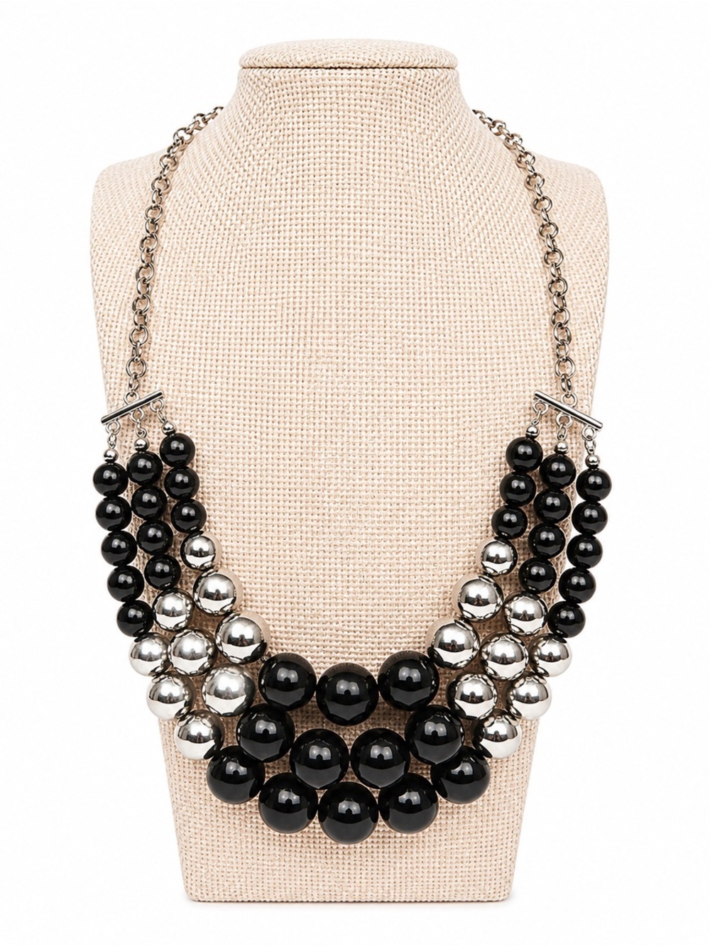 Black Silver Multi Strand Beaded Statement Necklace Chunky Bib Fashion Jewelry